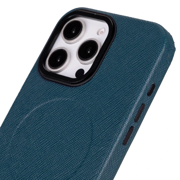Apple iPhone 16 Pro Max uyumlu, Hakiki Deri, El Yapımı Kılıf, Mavi - 3