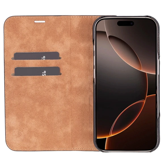 Apple iPhone 16 Pro uyumlu, Hakiki Deri, El Yapımı, Cüzdanlı Kılıf, Parlak Siyah