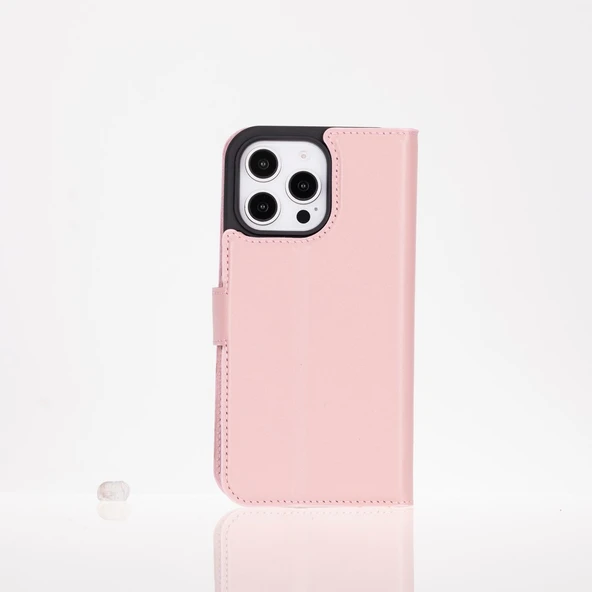 Apple iPhone 16 Pro uyumlu, Hakiki Deri, El Yapımı, Cüzdanlı Kılıf, Toz Pembe - 5