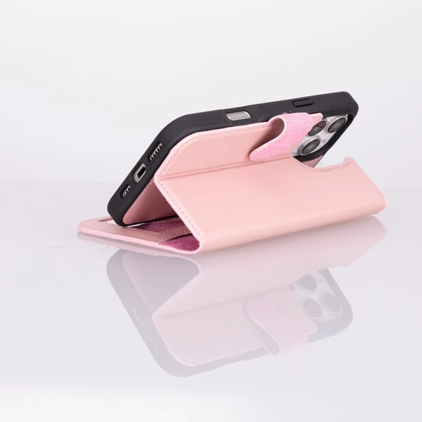 Apple iPhone 16 Pro uyumlu, Hakiki Deri, El Yapımı, Cüzdanlı Kılıf, Toz Pembe - 3