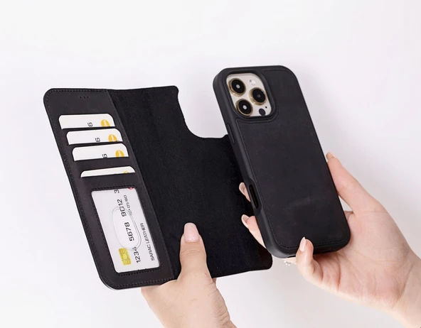 Apple iPhone 16 Pro uyumlu, Hakiki Deri, El Yapımı, Cüzdanlı Kılıf, Mat Siyah - 2