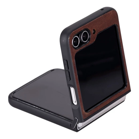 Samsung Galaxy Z Flip5 Uyumlu Deri Arka Kapak Antik Kahve - 2