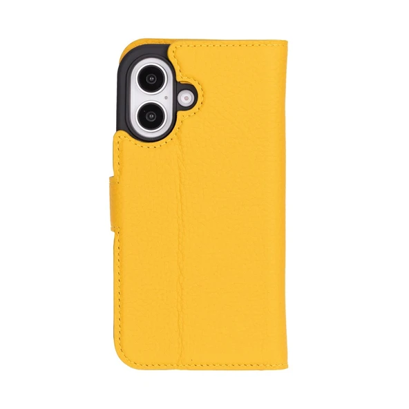 Apple iPhone 16 uyumlu, Hakiki Deri, El Yapımı, Cüzdanlı Kılıf, Limon Sarı - 5