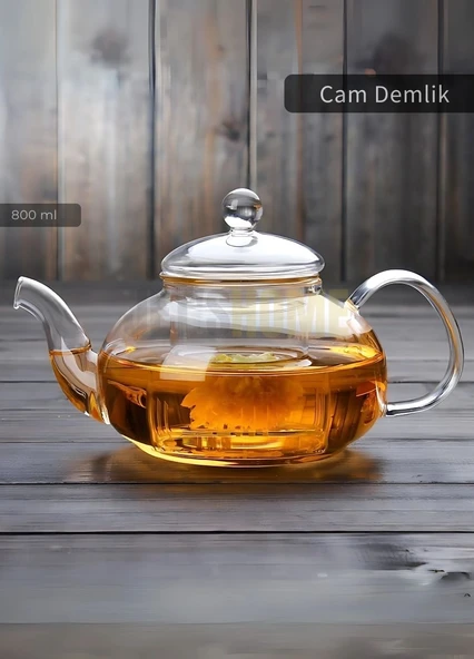 Cam Demlik Borasilikat Demlik Şeffaf Süzgeçli Çay Demliği Isıya Dayanıklı Bitki Çayı Demlik 800 ml