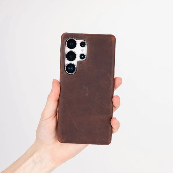 Samsung Galaxy S25 Ultra Uyumlu, Hakiki Deri, El Yapımı Arka Kapak, Antik Kahve - 4