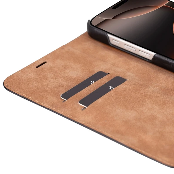 Apple iPhone 16 Pro uyumlu, Hakiki Deri, El Yapımı, Cüzdanlı Kılıf, Parlak Siyah - 3