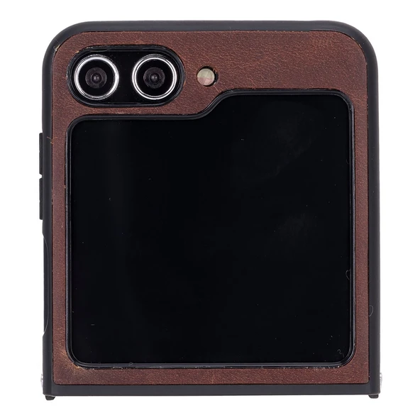 Samsung Galaxy Z Flip5 Uyumlu Deri Arka Kapak Antik Kahve - 3