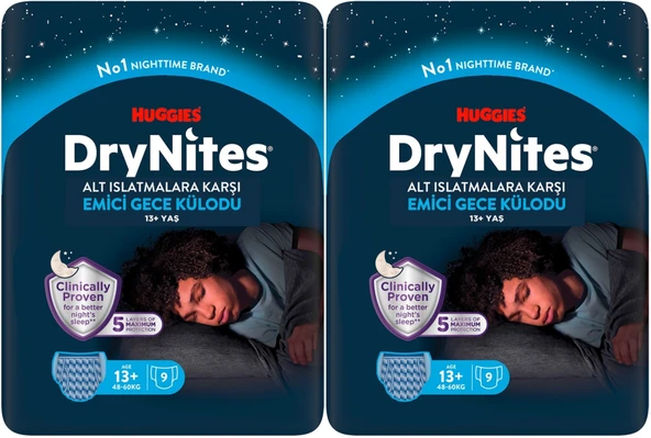 Drynites Emici Gece Külodu/Külot Bez Erkek 13+ Yaş (48-60KG) X Large 18 Adet (2PK*9)