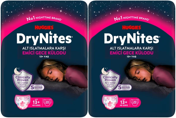 Drynites Emici Gece Külodu/Külot Bez Kız 13+ Yaş (48-60KG) X Large 40 Adet Mega Pk (2PK*20)