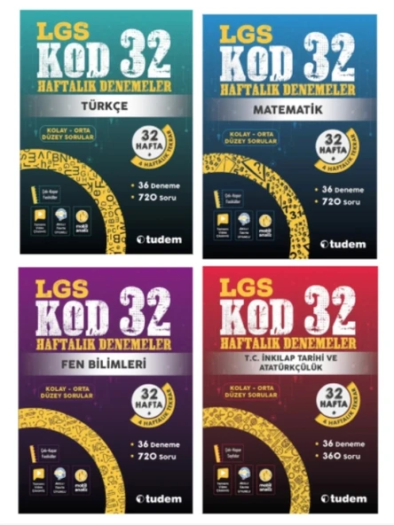 TUDEM YAYINLARI 8.SINIF LGS KOD 32 TÜRKÇE - MATEMATİK - FEN BİLİMLERİ - T.C.İNKİLAP TARİHİ HAFTALIK DENEME ürün görseli