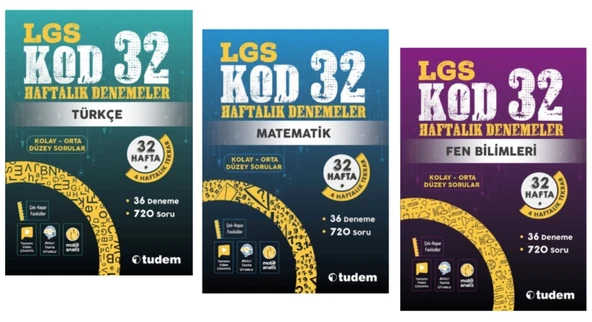 TUDEM YAYINLARI 8.SINIF LGS KOD 32 TÜRKÇE - MATEMATİK - FEN BİLİMLERİ HAFTALIK DENEME ürün görseli