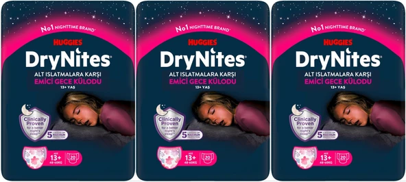 Drynites Emici Gece Külodu/Külot Bez Kız 13+ Yaş (48-60KG) X Large 60 Adet Mega Pk (3PK*20)