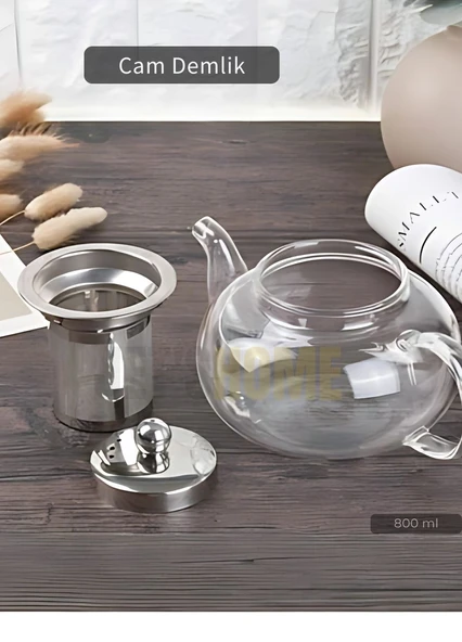 Cam Demlik Borasilikat Demlik Çelik Süzgeçli Çay Demliği Isıya Dayanıklı Bitki Çayı Demlik 800 ml
