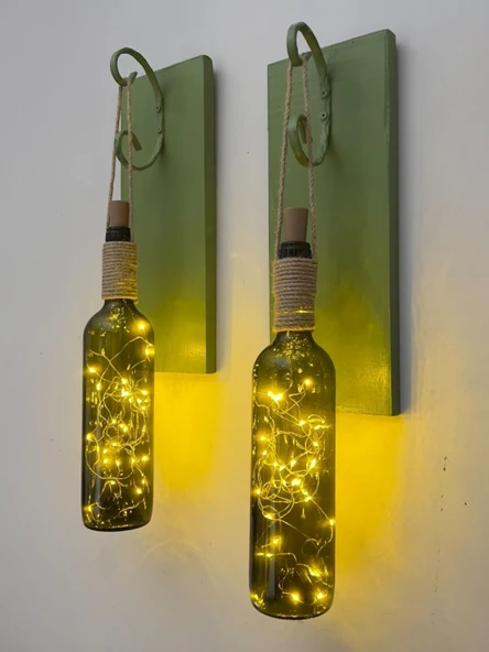 Led Işıklı Yeşil Ahşap Renkli Retro Şarap Şişesi Duvar Aplik 2'li Set - 3