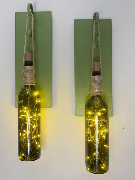 Led Işıklı Yeşil Ahşap Renkli Retro Şarap Şişesi Duvar Aplik 2'li Set - 2