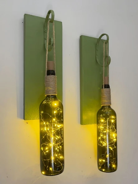 Led Işıklı Yeşil Ahşap Renkli Retro Şarap Şişesi Duvar Aplik 2'li Set - 1