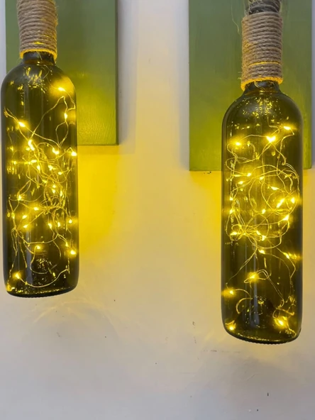 Led Işıklı Yeşil Ahşap Renkli Retro Şarap Şişesi Duvar Aplik 2'li Set - 5