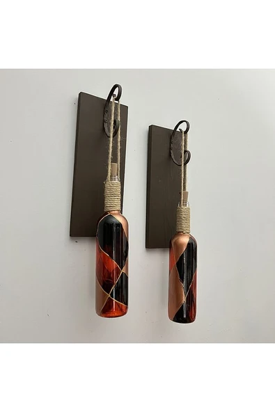 Led Işıklı Ceviz Renkli Vitray Cam Salon Bar bahçe Dekoru Şarap Şişesi Duvar Aplik 2'li Set - 6