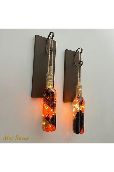 Led Işıklı Ceviz Renkli Vitray Cam Salon Bar bahçe Dekoru Şarap Şişesi Duvar Aplik 2'li Set - 2