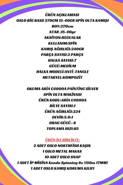 Oslo Big Bass 270cm 15-40gr Okuma Aria C4000a 8X Spin Olta Seti - Resim 2