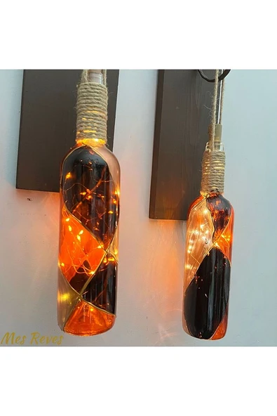 Led Işıklı Ceviz Renkli Vitray Cam Salon Bar bahçe Dekoru Şarap Şişesi Duvar Aplik 2'li Set - 5