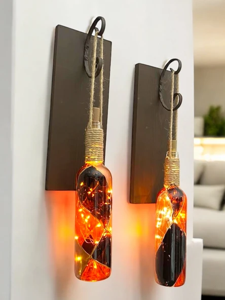 Led Işıklı Ceviz Renkli Vitray Cam Salon Bar bahçe Dekoru Şarap Şişesi Duvar Aplik 2'li Set
