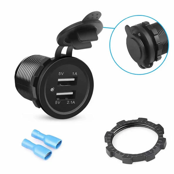 Dual Usb Çıkış 30V to 5V Su Geçirmez Çift Usb Çıkış Güç Kaynağı  12V/24V to 5V 1A 2.1A Otomobil Motosiklet Tekne Araç Şarj Cihazı Panel Tip Montaj Plastik Koruma Kapağı - 7