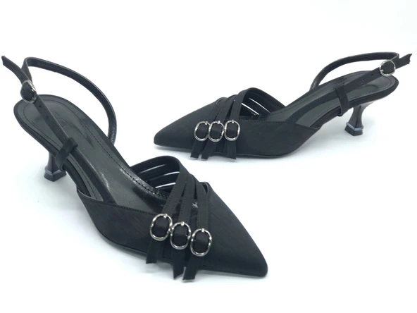 Feles Şeker Topuklu Üç Toka Detaylı Arkası Açık Stiletto Kadın Kısa Topuklu Ayakkabı - 2