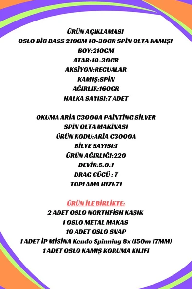 Oslo Big Bass 210cm 10-30gr Okuma Aria C3000a 8X Spin Olta Seti - Resim 2