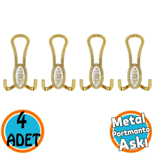 Portmanto Vestiyer Duvar Banyo Askısı Metal Dolap Elbise Askılığı Gold Beyaz Desenli 4 Adet