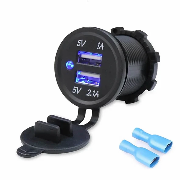 Dual Usb Çıkış 30V to 5V Su Geçirmez Çift Usb Çıkış Güç Kaynağı  12V/24V to 5V 1A 2.1A Otomobil Motosiklet Tekne Araç Şarj Cihazı Panel Tip Montaj Plastik Koruma Kapağı