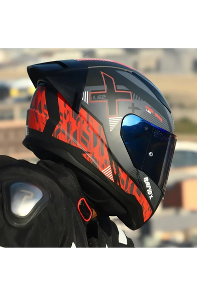 LS2 RAPID 2 RACE XTREET MAT SİYAH-KIRMIZI KAPALI MOTOSİKLET KASKI MAVİ CAMLI - 3