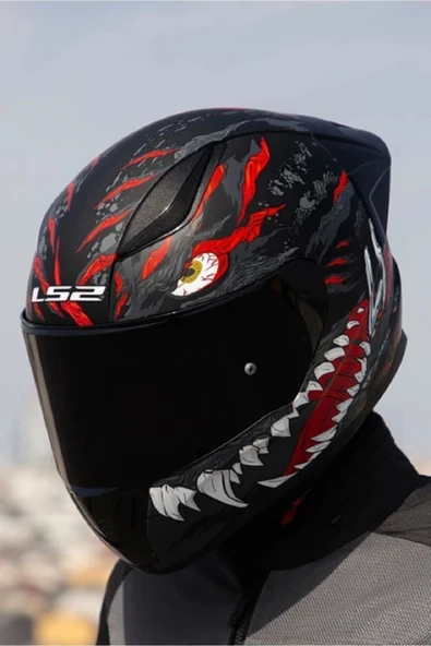 LS2 Rapıd 2 Race Kaıju Mat Siyah-kırmızı-beyaz Kask Siyah Camlı - 4