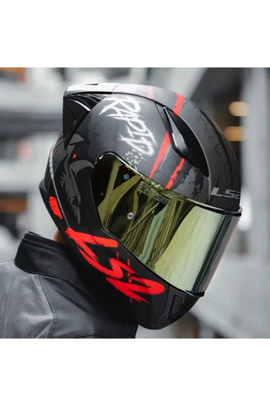 LS2 Rapıd 2 Race Raven Kırmızı Kapalı Motosiklet Kaskı Gold Camlı - 4