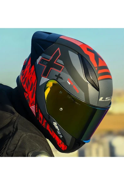 LS2 RAPID 2 RACE XTREET MAT SİYAH-KIRMIZI KAPALI MOTOSİKLET KASKI GOLD CAMLI - 2
