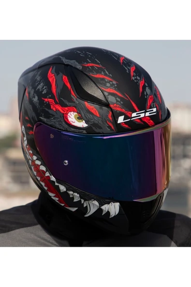 LS2 Rapıd 2 Race Kaıju Mat Siyah-Kırmızı Fullface Motosiklet Kaskı Gökkuşağı Camlı - 2