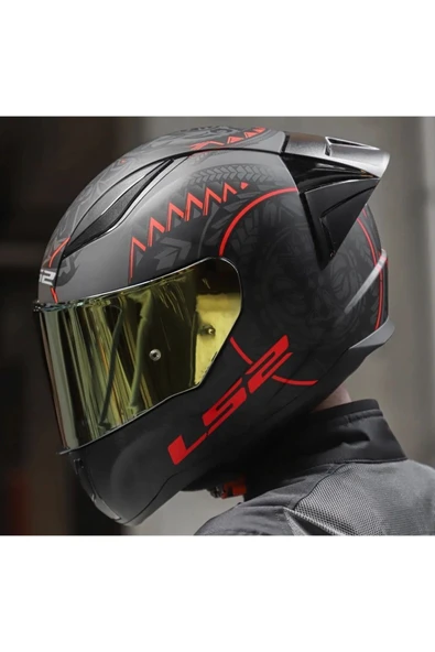 LS2 Rapıd 2 Race Takaroa Mat Siyah-Kırmızı Fullface Motosiklet Kaskı Gold Camlı