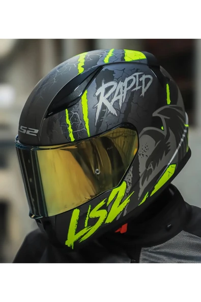 LS2 RAPID 2 RAVEN MAT SİYAH-GRİ-NEON SARI  FULLFACE MOTOSİKLET KASKI GOLD CAMLI