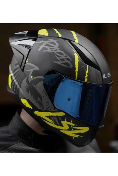 LS2 RAPID 2 RACE RAVEN MAT SİYAH-GRİ-NEON SARI FULLFACE MOTOSİKLET KASKI MAVİ CAMLI - 4