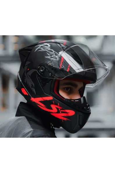 LS2 Rapıd 2 Race Raven Kırmızı Kapalı Motosiklet Kaskı Şeffaf Camlı - 3