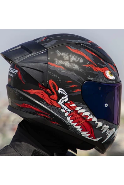 LS2 Rapıd 2 Race Kaıju Mat Siyah-Kırmızı Fullface Motosiklet Kaskı Mavi Camlı - 4