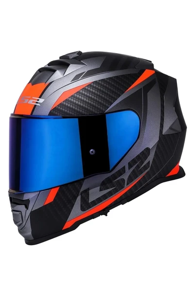 LS2 Storm 2 Racer Turuncu Kapalı Motosiklet Kaskı Mavi Camlı