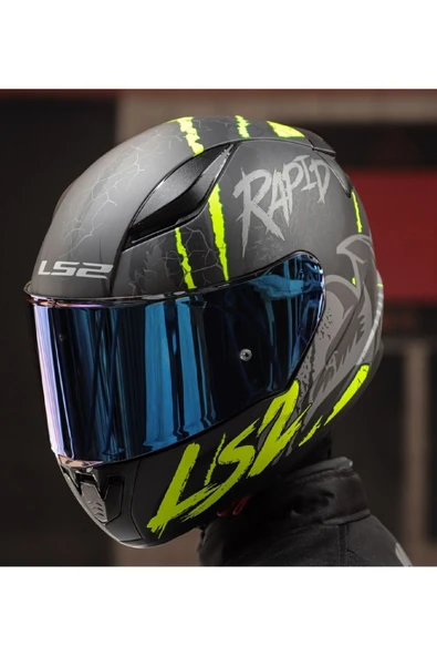 LS2 RAPID 2 RAVEN MAT SİYAH-GRİ-NEON SARI  FULLFACE MOTOSİKLET KASKI MAVİ CAMLI - 4