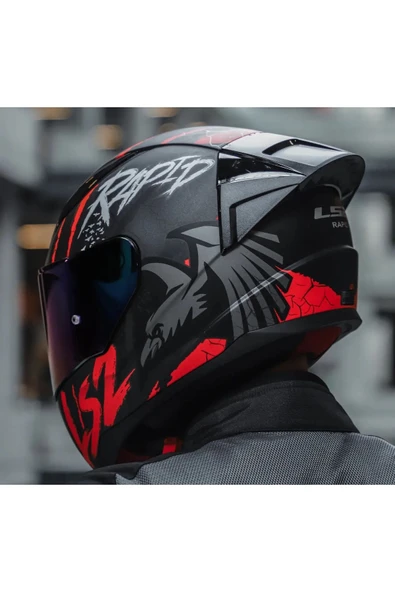 LS2 Rapıd 2 Race Raven Mat Siyah-Kırmızı Kapalı Motosiklet Kaskı Gökkuşağı Camlı - 5
