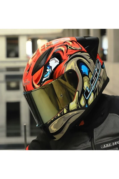 LS2 RAPID 2 RACE SPOX KIRMIZI-GRİ KAPALI MOTOSİKLET KASKI GOLD CAMLI