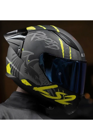 LS2 RAPID 2 RACE RAVEN MAT SİYAH-GRİ-NEON SARI FULLFACE MOTOSİKLET KASKI MAVİ CAMLI - 5