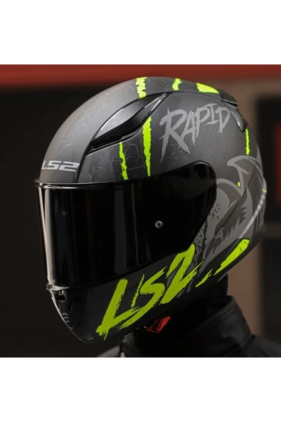 LS2 RAPID 2 RAVEN MAT SİYAH-GRİ-NEON SARI  FULLFACE MOTOSİKLET KASKI SİYAH CAMLI