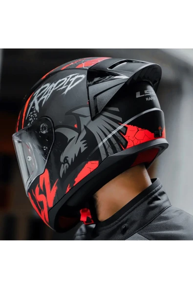 LS2 Rapıd 2 Race Raven Kırmızı Kapalı Motosiklet Kaskı Şeffaf Camlı