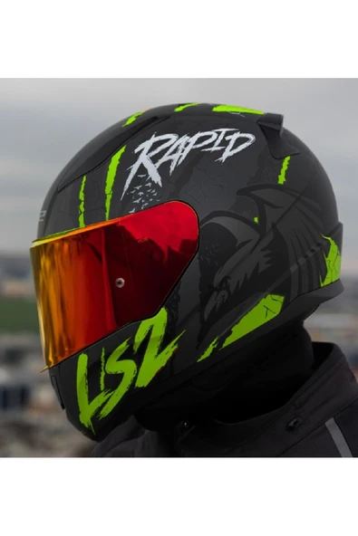 LS2 RAPID 2 RAVEN MAT SİYAH-GRİ-NEON SARI KAPALI MOTOSİKLET KASKI KIRMIZI CAMLI - 4