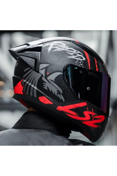 LS2 Rapıd 2 Race Raven Mat Siyah-Kırmızı Kapalı Motosiklet Kaskı Gökkuşağı Camlı - 3